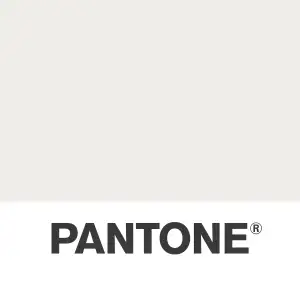 Pantone's 2026 Color of the Year, Cloud Dancer white, displayed on a color chip with PANTONE branding below.