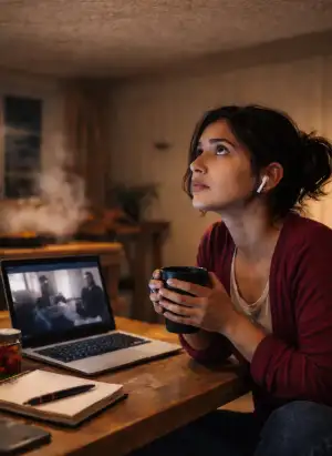 A woman at a table, looking up at the ceiling, worried.