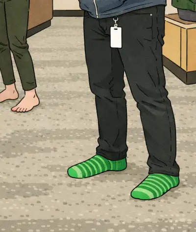 Three coworkers stand in an office hallway, shown only from about the waist down: one is barefoot in cropped green pants, one wears green striped socks with black pants and an ID badge, and another stands nearby in gray pants beside a bench and planter.