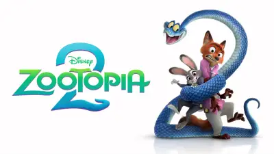 An advertising poster for the animated movie, Zootopia 2. Features a snake in the shape of a two wrapped around the movie's main characters, a fox and a rabbit.