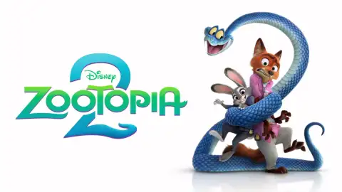 An advertising poster for the animated movie, Zootopia 2. Features a snake in the shape of a two wrapped around the movie's main characters, a fox and a rabbit.
