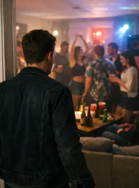A man stands in his doorway, looking into a crowded living room where strangers are partying under bright lights with cups and bottles on the table.