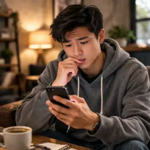 A young man in a gray hoodie sits in a cozy café, nervously biting his finger while staring at a smartphone, with a coffee cup and small notebook on the table.