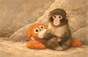 A soft, textured children’s-book illustration of a young macaque sitting on sandy ground beside an orange plush toy, against a rocky background.