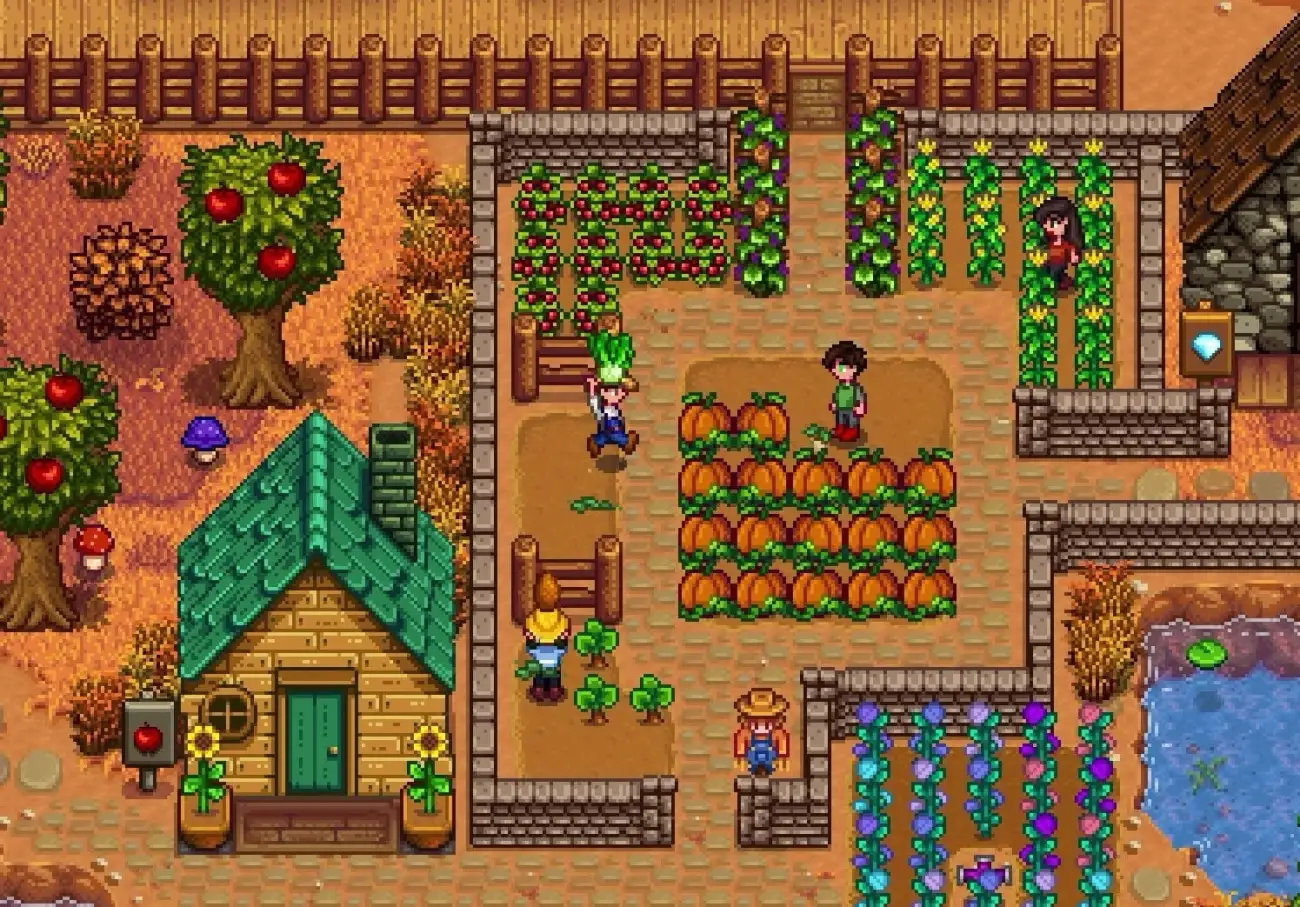 A farm scene from the game Stardew Valley.