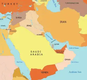 A map of the Middle East representing different countries with different colors.