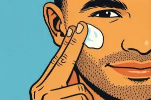 Close-up comic-style illustration of the right side of a man’s face as he applies white cream to his cheek with two fingers. Drawn in a Tintin-like ligne claire style with bold black outlines, flat muted colors, minimal shading, and a plain blue background.