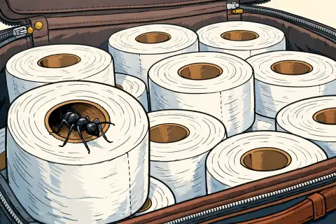 An open suitcase is packed tightly with white toilet paper rolls in a clean-line comic style. In the roll near the front, a black ant crawls out from the cardboard center, while the rest of the frame is filled almost entirely by the stacked rolls and the suitcase interior.