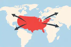 Illustrated map of the United States with large arrows pointing outward to other parts of the world.