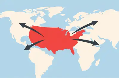 Illustrated map of the United States with large arrows pointing outward to other parts of the world.