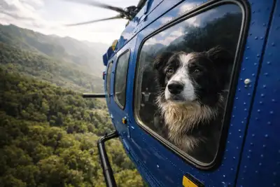 Border collie looking out the window of a blue rescue helicopter flying over dense New Zealand bush.
