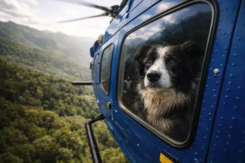 Border collie looking out the window of a blue rescue helicopter flying over dense New Zealand bush.