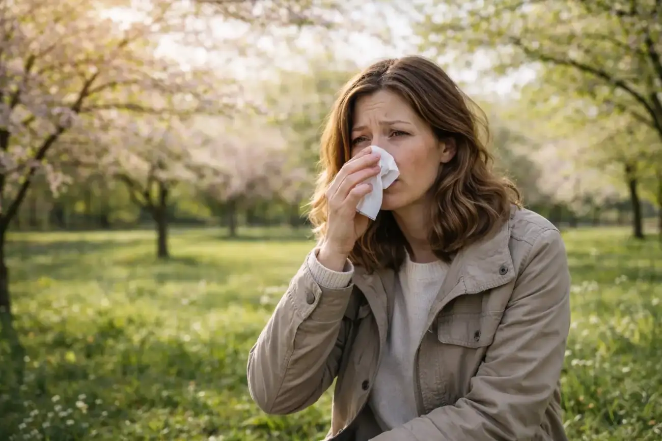 A person in a spring park wipes their nose with a tissue, looking tired and uncomfortable from seasonal allergies, with blooming trees and soft sunlight in the background.