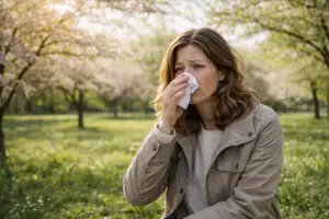 A person in a spring park wipes their nose with a tissue, looking tired and uncomfortable from seasonal allergies, with blooming trees and soft sunlight in the background.