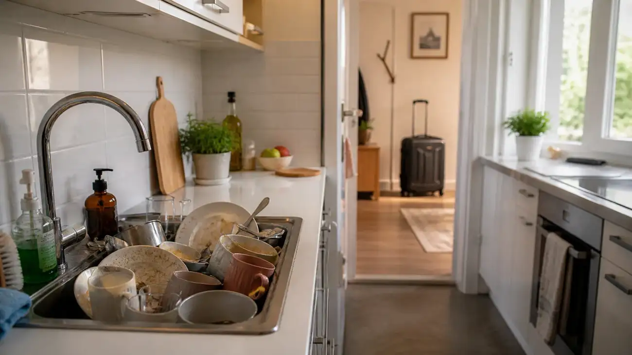 A bright, tidy apartment kitchen with a sink full of dirty dishes in the foreground and a suitcase standing near the doorway in the background.