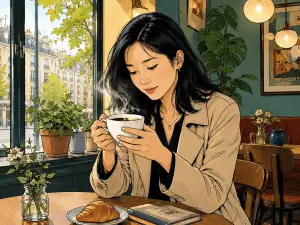 Illustrated landscape scene of a relaxed Asian woman sitting in a cozy cafe, holding a steaming cup of coffee with both hands and looking at it softly.
