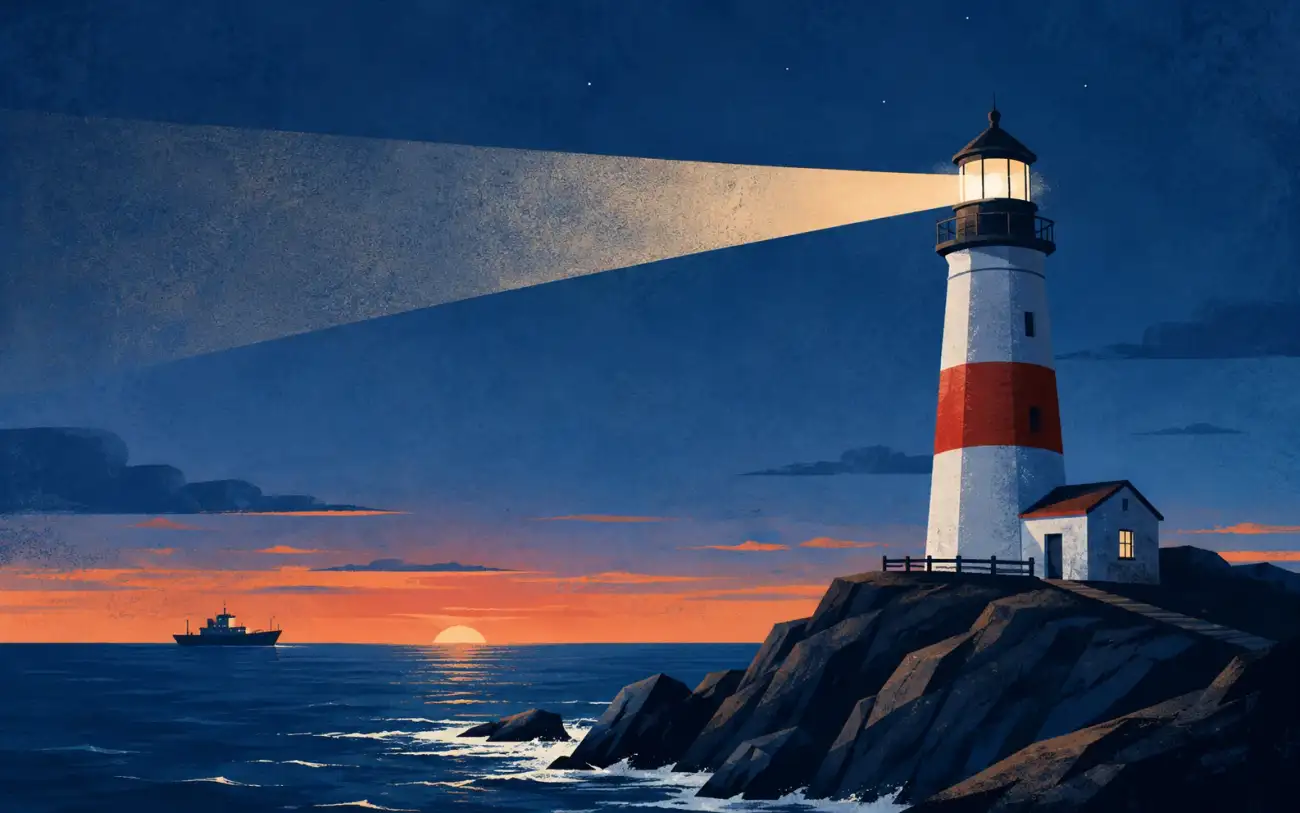 A lighthouse shines a beam of light over the ocean at dusk, with a small ship in the distance.