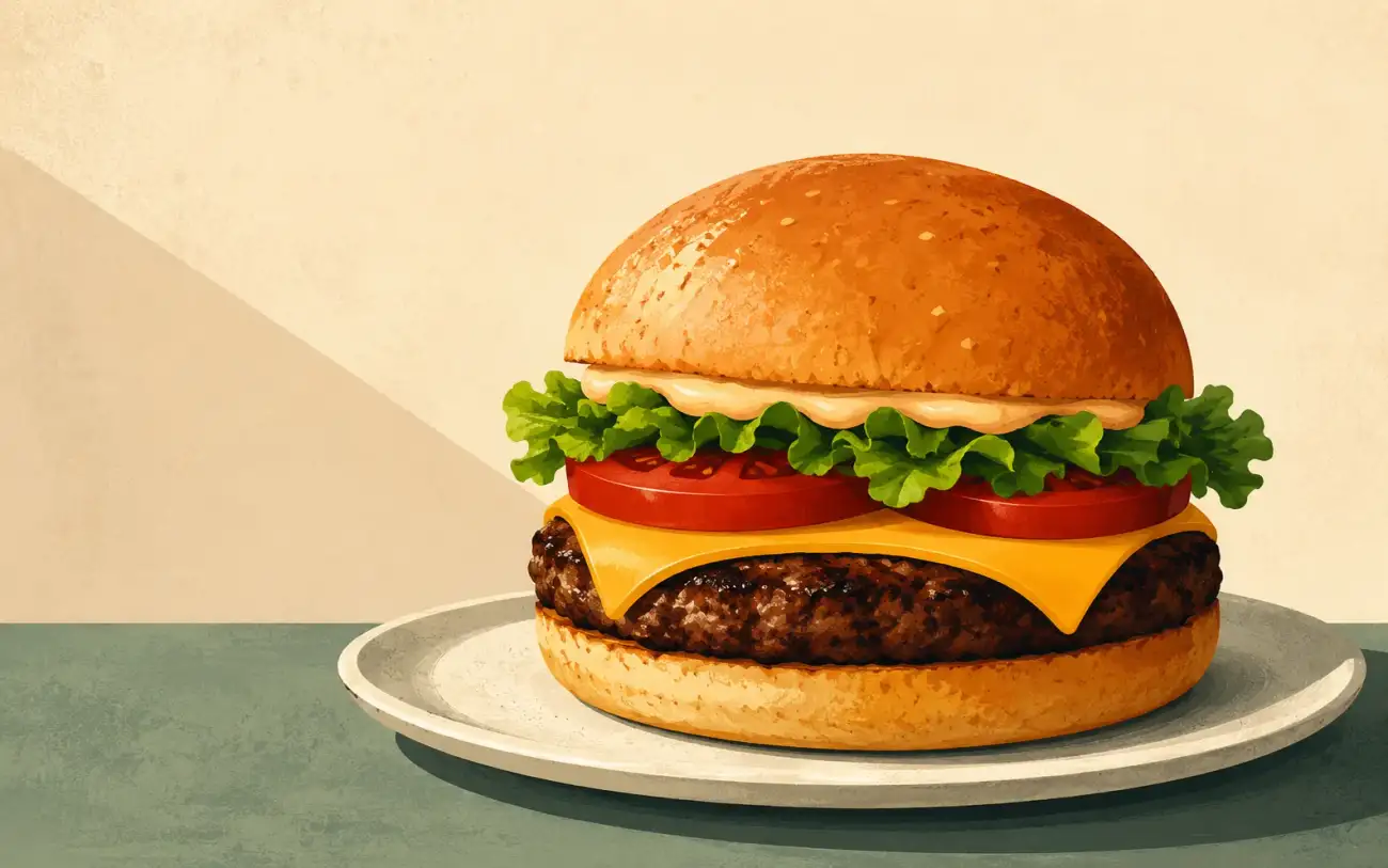 A bold editorial illustration of a cheeseburger on a simple plate, with clear layers of bun, sauce, lettuce, tomato, melted cheese, and meat patty against a minimal warm background.
