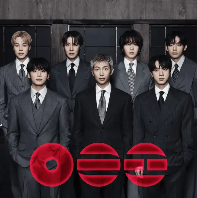 Album cover for the Arirang by BTS. Mostly white with 3 red circular images at the bottom.