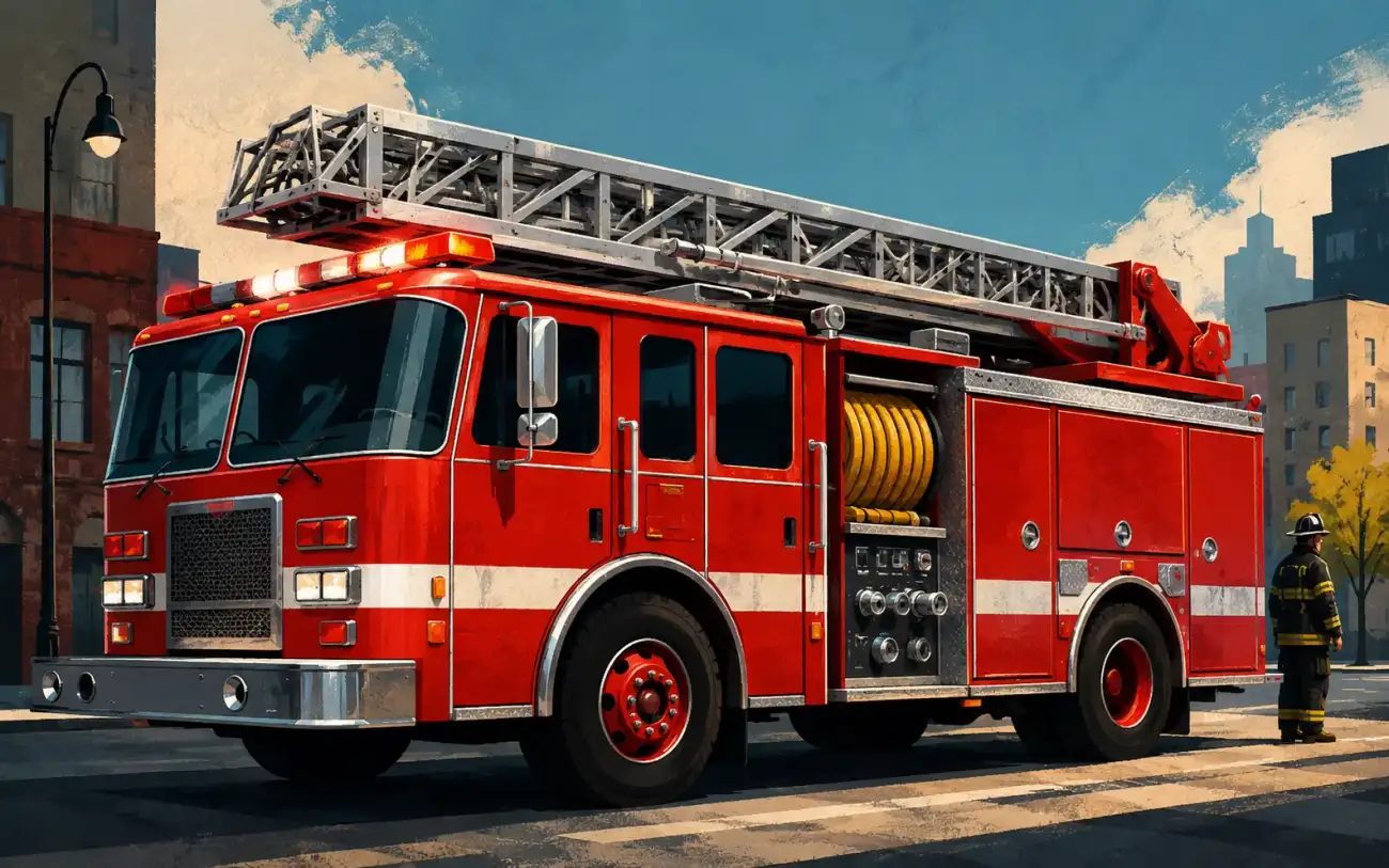 A clear illustration of a fire truck with bright lights, a ladder, hoses, and a firefighter nearby.