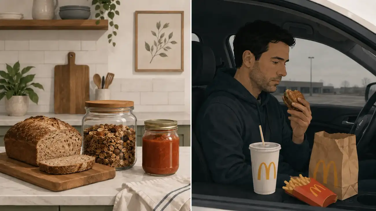 A split-screen illustration contrasts homemade food in a tidy kitchen with a man eating fast food alone in his car.
