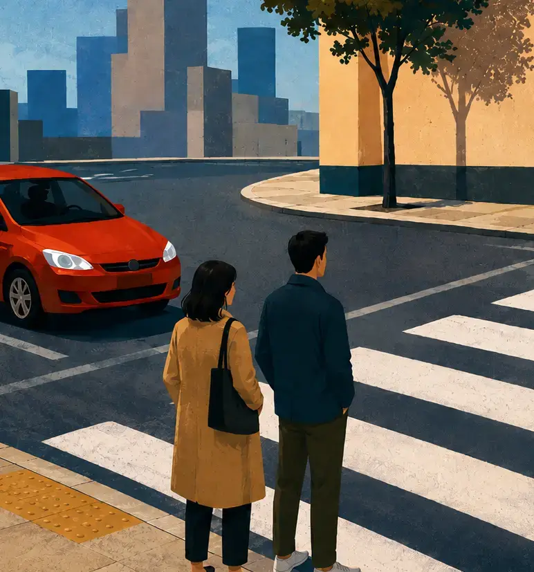 Wide crop of a crosswalk showing white stripes on the road, people at the side of the road, a sign next to the road, and a car near the crosswalk.