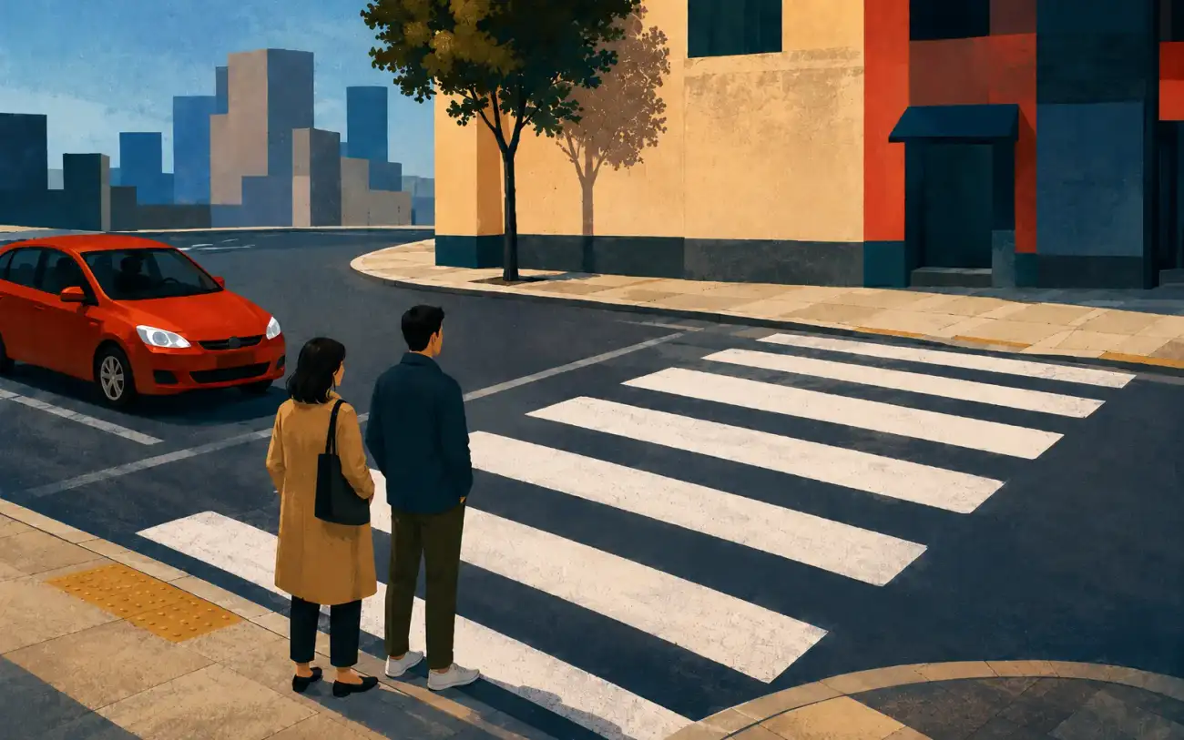 A clear editorial illustration of a city crosswalk with white zebra stripes, two pedestrians, a stopped orange car, and a walk signal at a quiet street corner.
