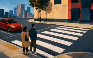 A clear editorial illustration of a city crosswalk with white zebra stripes, two pedestrians, a stopped orange car, and a walk signal at a quiet street corner.