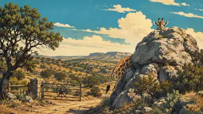 A giraffe tries to hide behind a large rock formation in the Texas Hill Country, with its head, body, legs, and tail still partly visible in a wide, vintage-style landscape.
