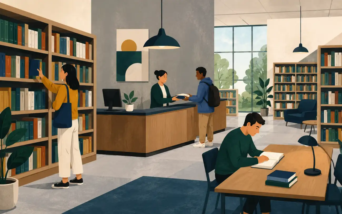 A calm editorial illustration of a public library interior with bookshelves, a help desk, one person choosing a book, a librarian helping a visitor, and another person reading quietly at a table.