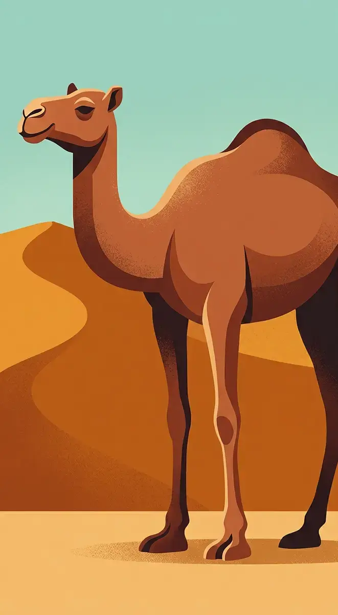 Wide crop of a camel showing its hump on its back, long legs under its body, wide feet on the sand, and nose at the front of its head.
