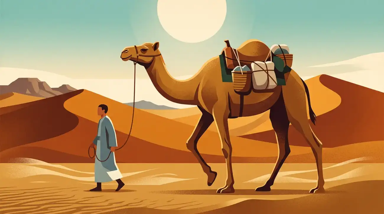 A graphic illustration shows a man in a light blue tunic walking and holding a rope connected to a dromedary camel carrying baskets and bundles on its hump across a desert. Sand dunes fill the background, a large yellow sun is in the light blue sky, and a few plateaus are on the horizon on the left.
