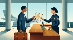 An illustration in a vintage travel poster style shows a man in a blue suit at a wooden customs desk handing his open passport with a photo and a globe symbol to a female border patrol agent. He holds a brown suitcase with his other hand, and in the background, a passenger airplane is seen on the tarmac through large windows.