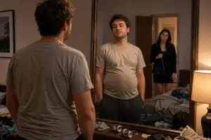 A casually dressed young man stands before a bedroom mirror while his girlfriend, ready to go out, watches him with concern from the doorway of their untidy room.