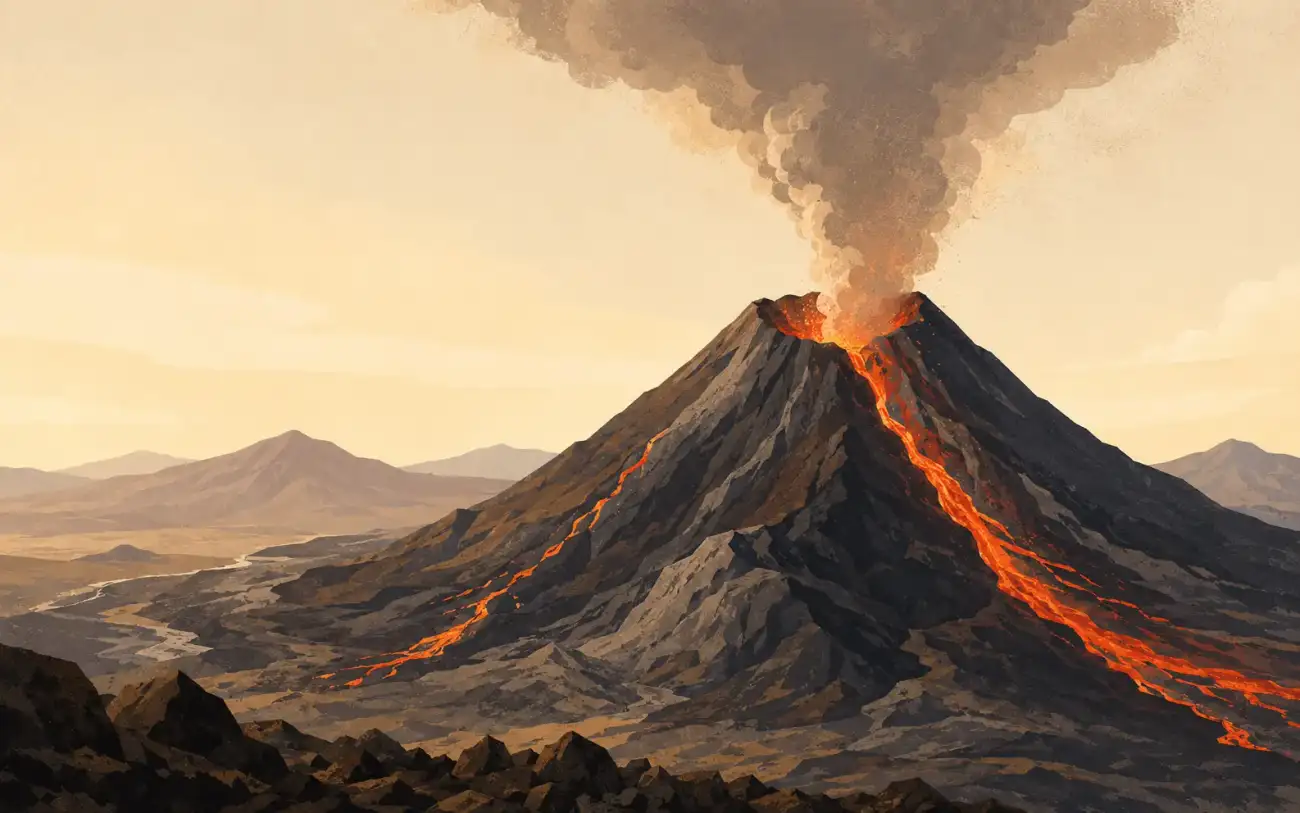 An active volcano with glowing lava flowing down its dark rocky sides and a large plume of grey ash rising into the pale sky.
