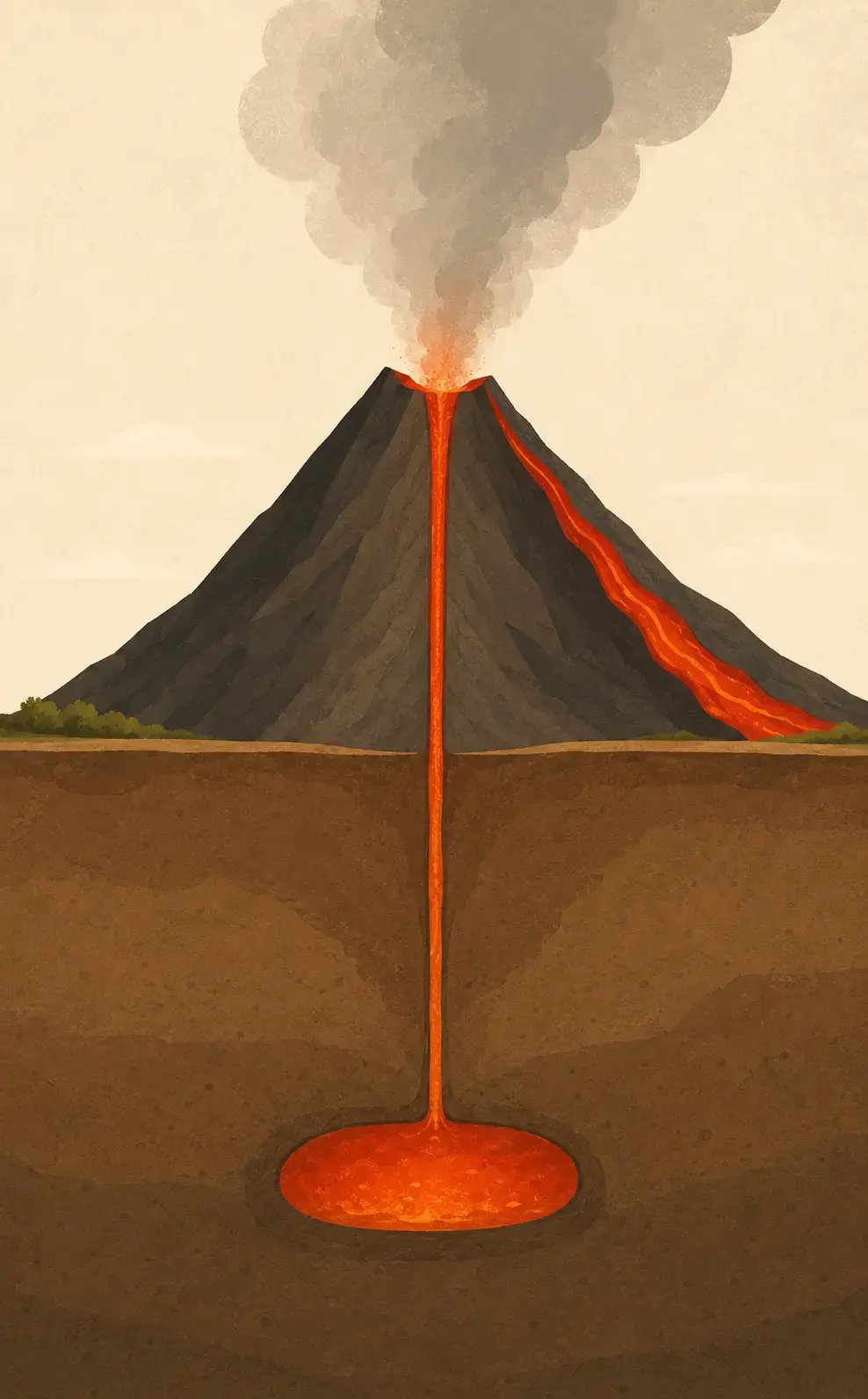 A cutaway view of a volcano shows hot liquid rock far underground, rising through a passage to the crater, coming out with ash and gas, and flowing as lava down the volcano’s sides.