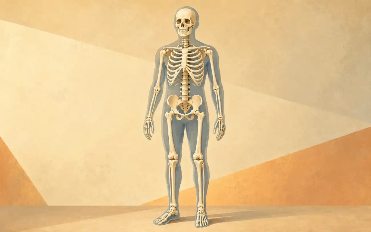 A warm-toned editorial illustration shows a full adult human skeleton standing upright and facing forward inside a faint translucent human body outline.