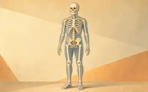 A warm-toned editorial illustration shows a full adult human skeleton standing upright and facing forward inside a faint translucent human body outline.
