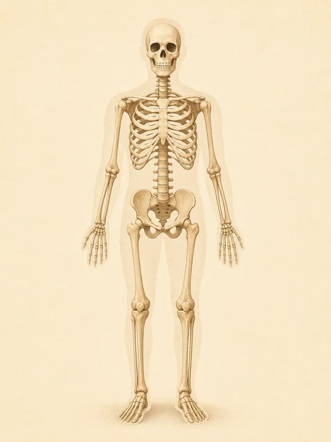 A full human skeleton standing upright, with the skull, ribs, spine, arms, and legs clearly visible.