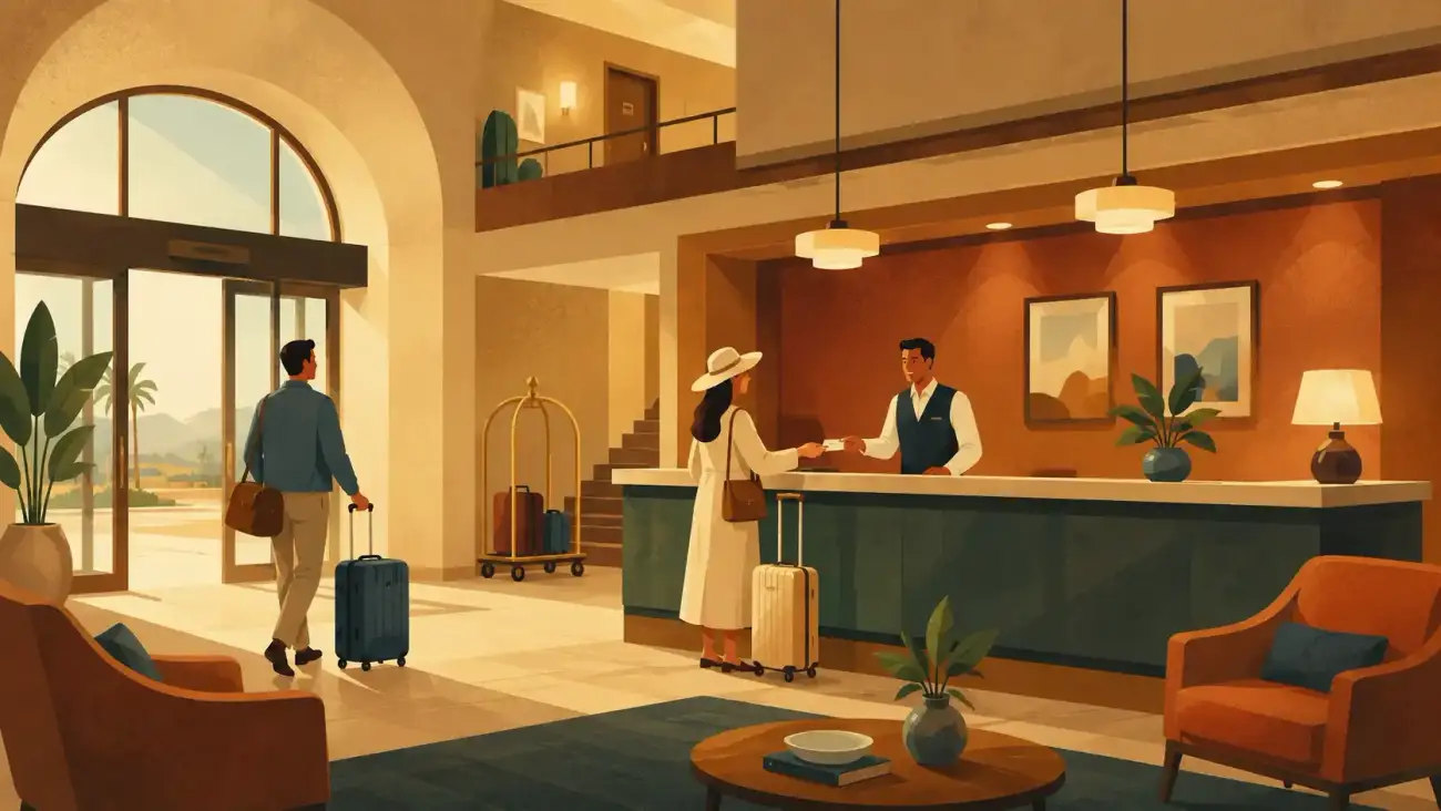 A warm editorial illustration of a hotel lobby with a front desk, a receptionist helping a guest with a suitcase, another traveler entering with luggage, lounge chairs, plants, and an upper hallway with guest-room doors.