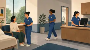 Three nurses in matching blue scrubs work in a modern clinic. One speaks with a seated patient, one walks through the room carrying a tray, and one works at a computer behind a desk.