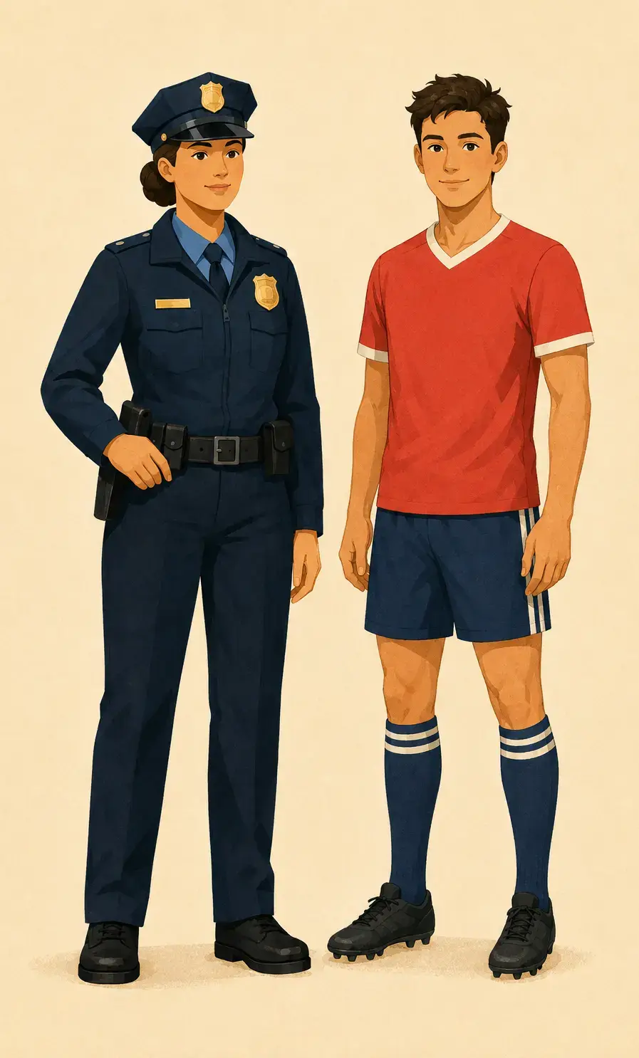 A police woman and a male soccer player stand side by side in their uniforms.