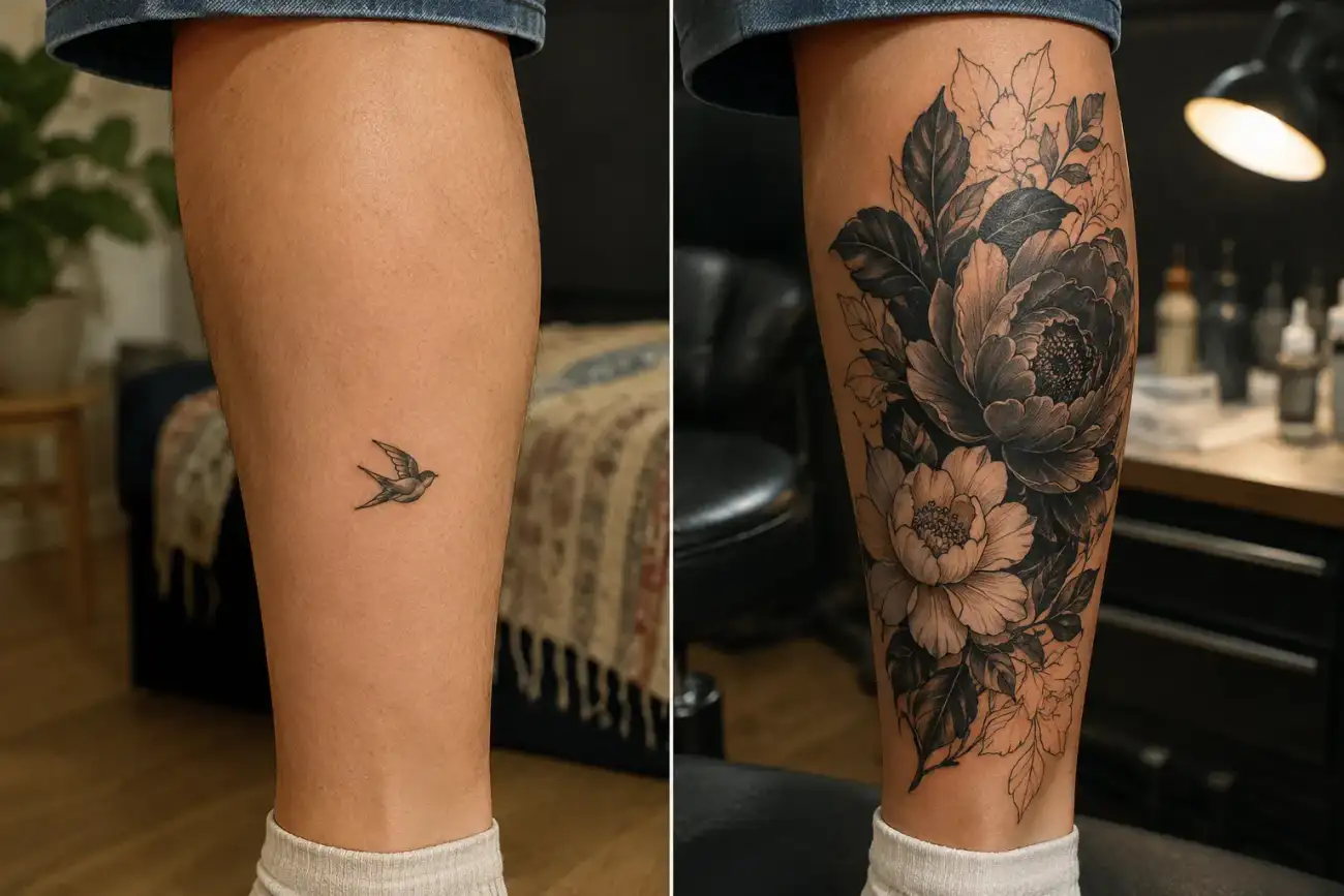 Close-up comparison of a calf with a small bird tattoo before it is covered by a larger, unfinished floral tattoo.