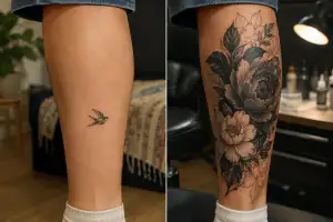 Close-up comparison of a calf with a small bird tattoo before it is covered by a larger, unfinished floral tattoo.