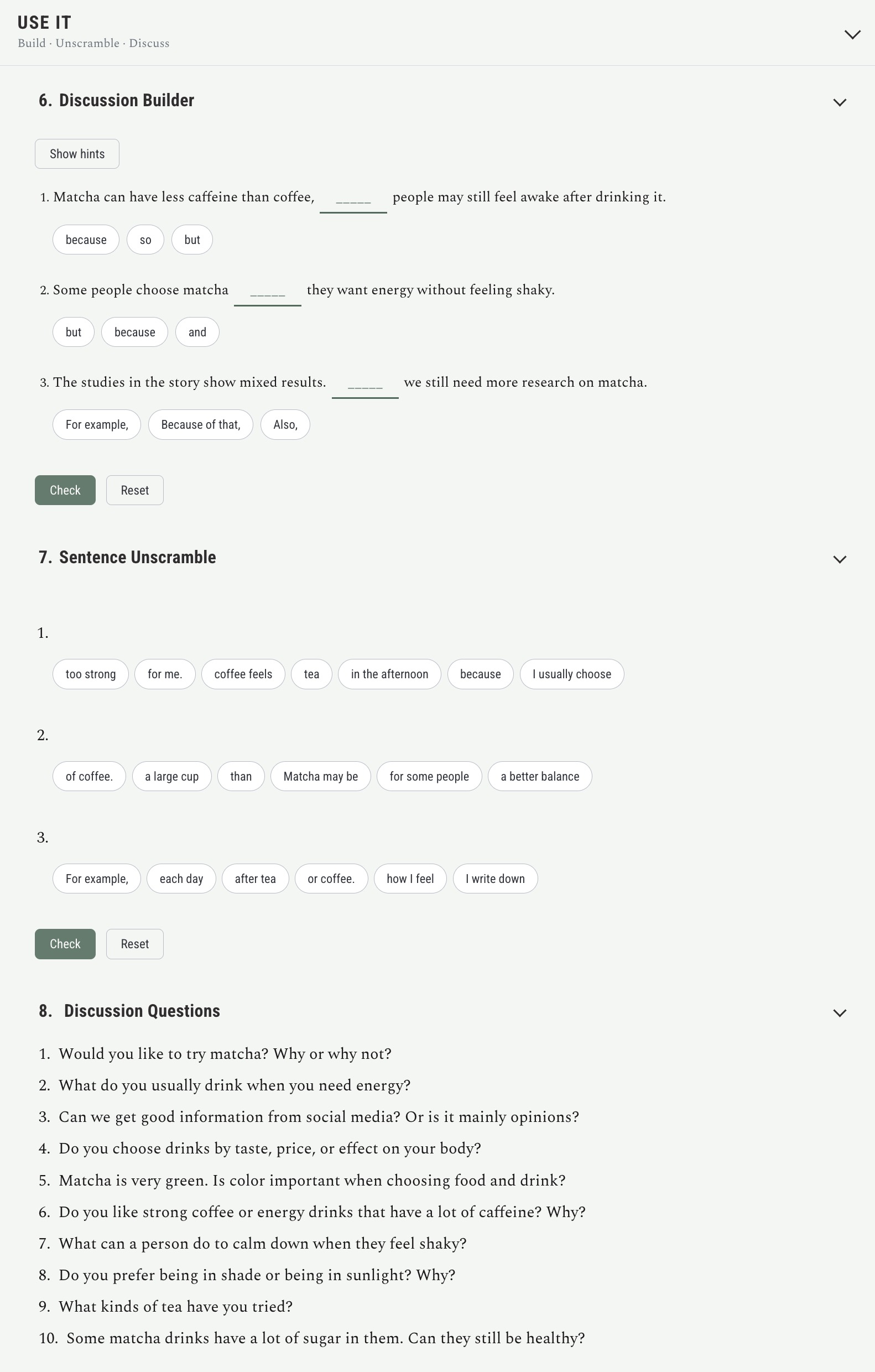 Discussion Builder, Sentence Unscramble, and Discussion Questions in the Use It section.