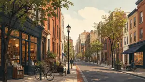 A city street with shops, trees, and people walking